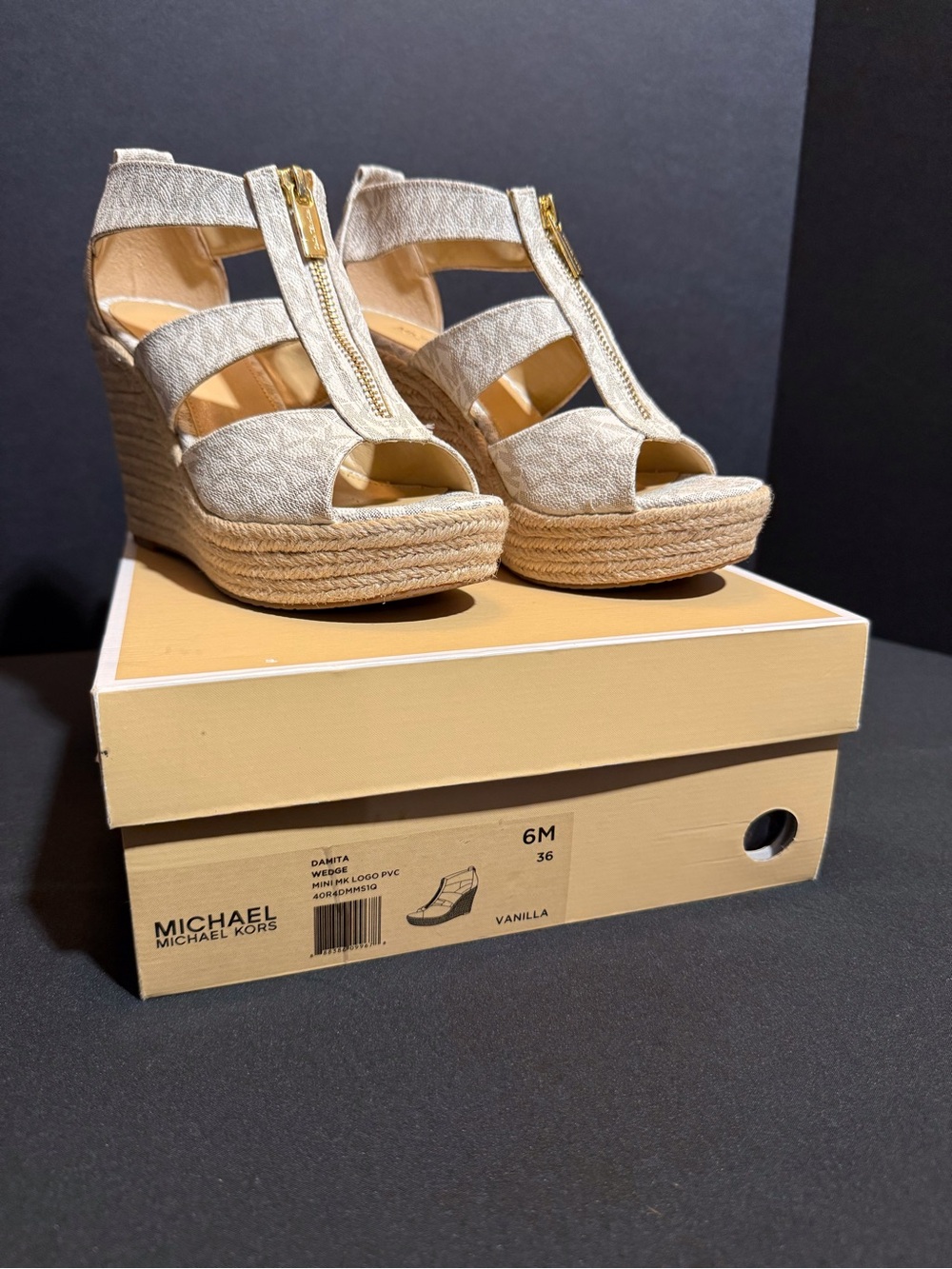Michael Kors Damita Vanilla MK Logo Espadrille Wedge Sandal Size 6